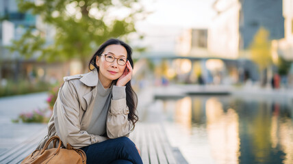 Fototapeta premium 中年の日本人女性が運河沿いで目をこする