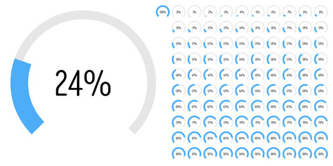 Set of circular sector arc percentage diagrams meters progress bar from 0 to 100 ready-to-use for web design, user interface UI or infographic - indicator with blue