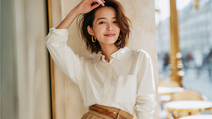 30代の日本人女性が街角で視線を遮る