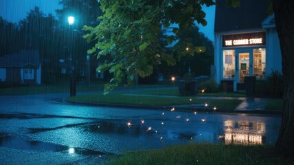 Obraz premium Magical twilight scene with glowing fireflies or fairy lights reflecting in puddles on a wet park path after rain.