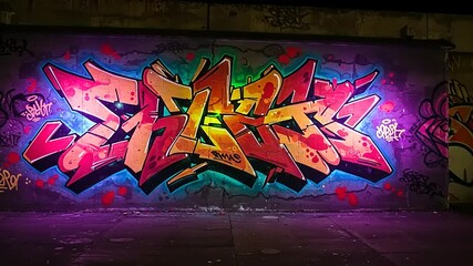 Vibrant graffiti mural illuminating urban wall at night