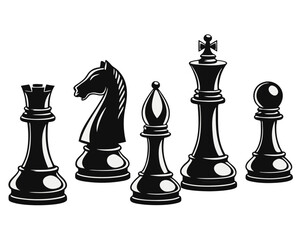 Collection of distinct black silhouette chess pieces including king queen rook bishop knight and pawn presented as a cohesive graphic design element for various applications