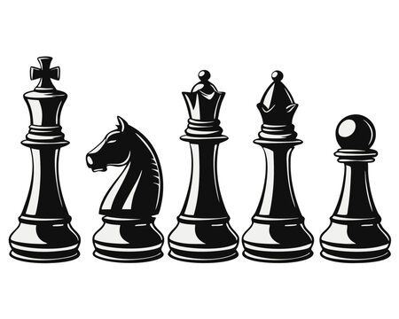 Comprehensive collection of distinct chess piece silhouettes in classic black suitable for board game branding strategy concepts and tournament promotions