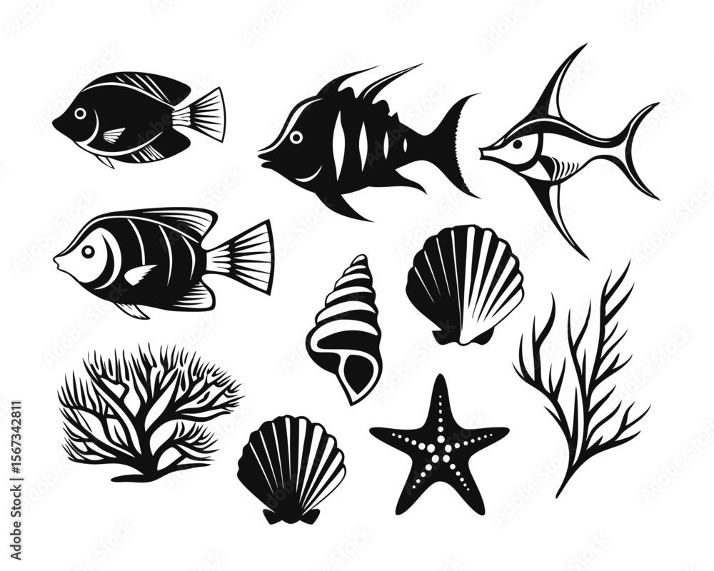 Poster a comprehensive collection of diverse aquatic creatures featuring a variety of colorful fish rendere