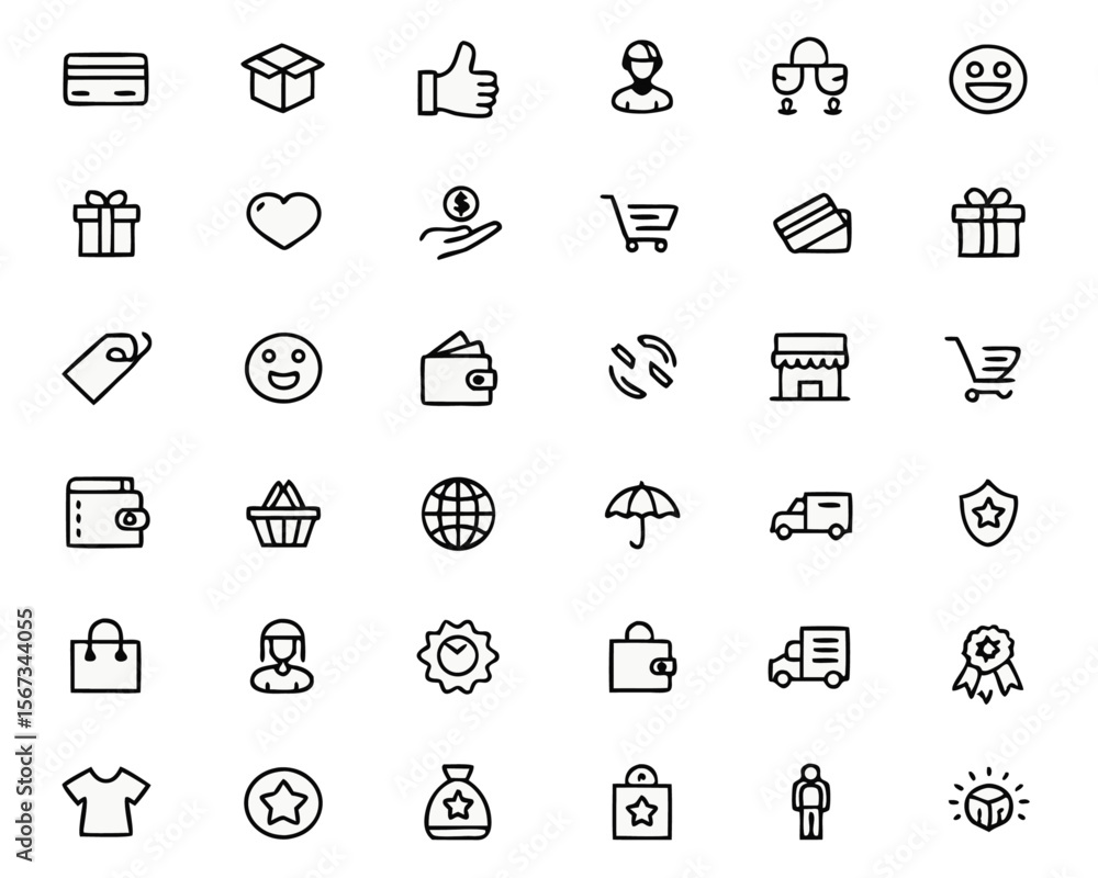 Poster comprehensive thin line outline symbols for shopping commerce and retail activities featuring editab