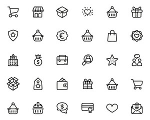 Comprehensive collection of clean thin lined graphical elements representing various aspects of shopping retail and commercial activities all easily adaptable for diverse design projects