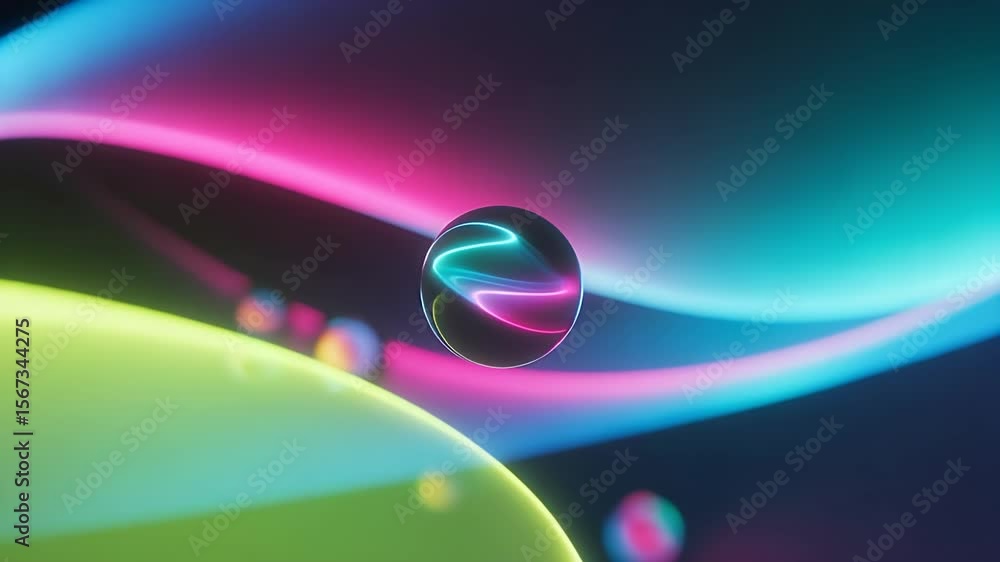 Poster neon abstract design: an artistic composition of vibrant neon-lit spheres and fluid lines in a capti