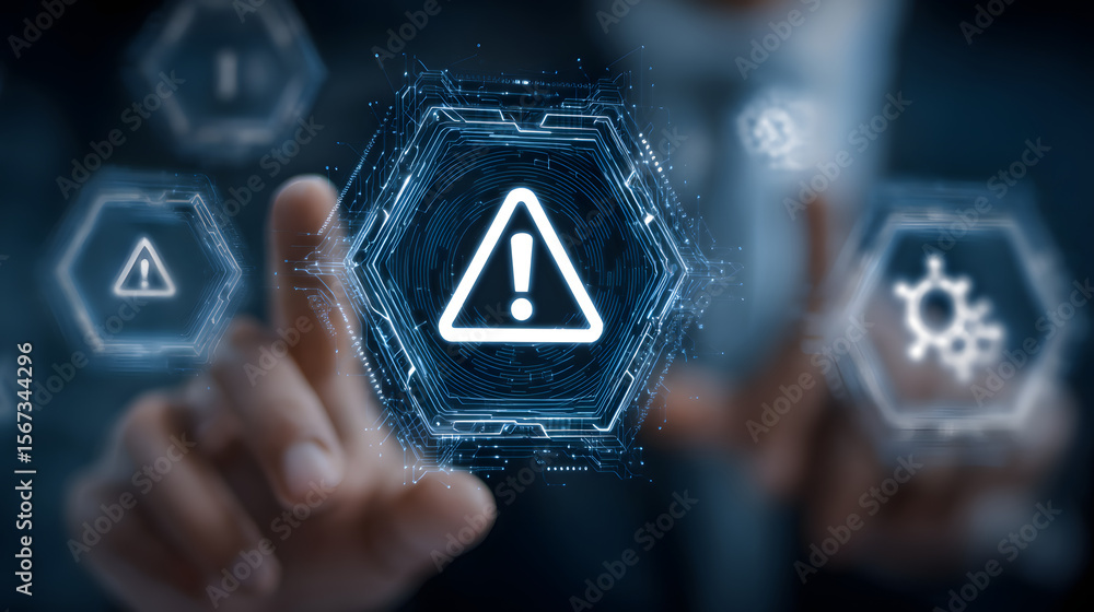 Aufkleber system hack warning concept featuring virtual screen with danger icons