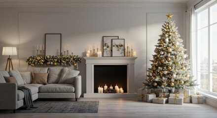 Cozy and Elegant Christmas Living Room with Decorated Tree, Fireplace, and Holiday Accents in Natural Light