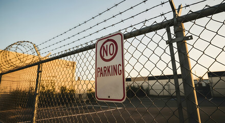Restricted Area With No Parking Sign And Barbed Wire Protection Concept