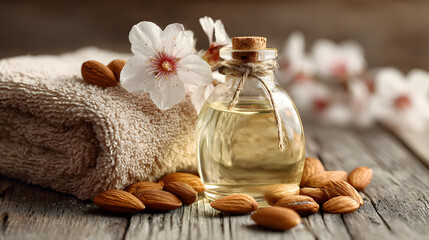 Almond Oil in Spa Setting with Cracked and Whole Almonds