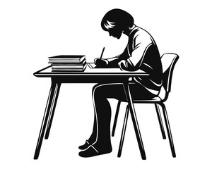 Fototapeta premium Artistic monochrome silhouette of a young person seated at a desk engrossed in study or work with a focus on learning and concentration