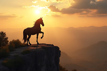 Majestic black horse standing atop a cliff overlooking a vast royal valley, golden hour lighting with dramatic clouds