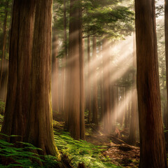 Obraz premium Misty forest of towering red-barked trees with sunbeams piercing through ancient canopy, conveying primordial serenity.