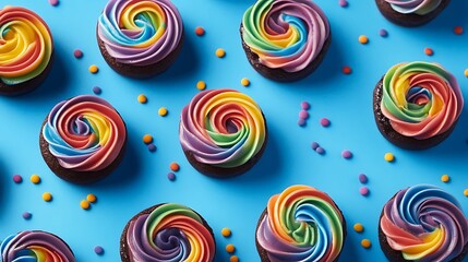 Delicious rainbow cupcakes on a bright blue background offer a vibrant treat