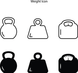 Weight icon symbol in outline and glyph icon style, including weight sports or kettlebells, dumbbells, and body scale.