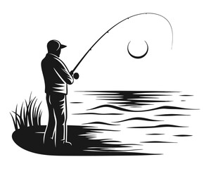 Striking silhouette of a dedicated angler casting a line with a fishing rod expertly poised against a backdrop capturing the essence of outdoor recreation and the thrill of the catch