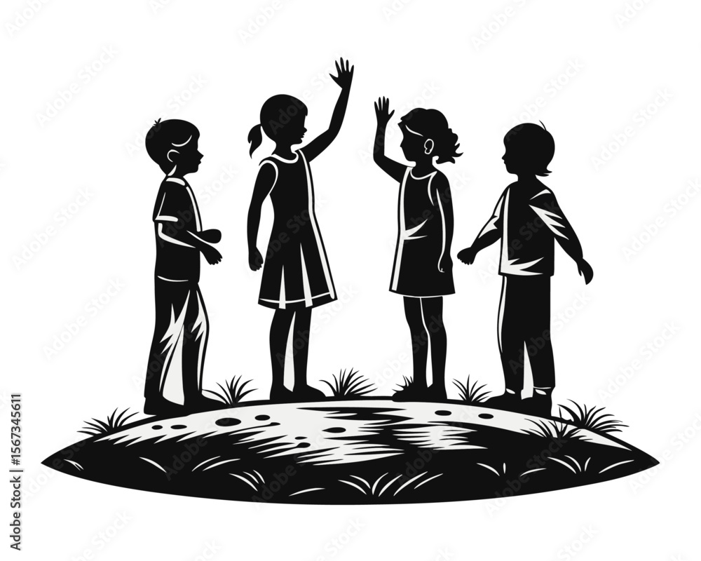 Poster artistic depiction of children in silhouette showcasing playful poses and group interactions rendere