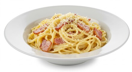 美味しそう パスタ カルボナーラ 白皿 クリーミーなソース 食欲をそそる. AI Generated