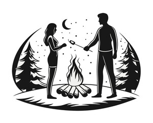 Fototapeta premium Silhouette of a couple enjoying a campfire toasting marshmallows over flames representing outdoor leisure and shared moments of warmth and togetherness during an evening