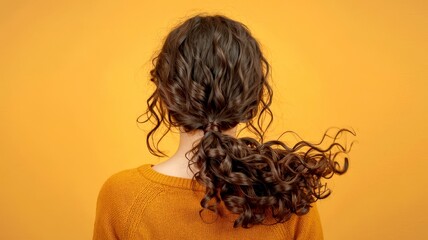 Rear view of a woman with richly textured curly hair styled in a ponytail, standing against a vibrant orange background, emphasizing warmth and hair care subjects.