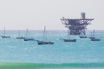 A group of sailboats are in the water near a pier