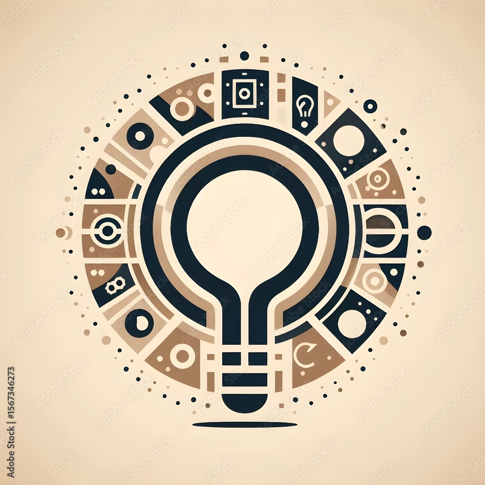 Poster geometric symbol icon with balanced visual fusion of shape and idea centered on beige backdrop in cl