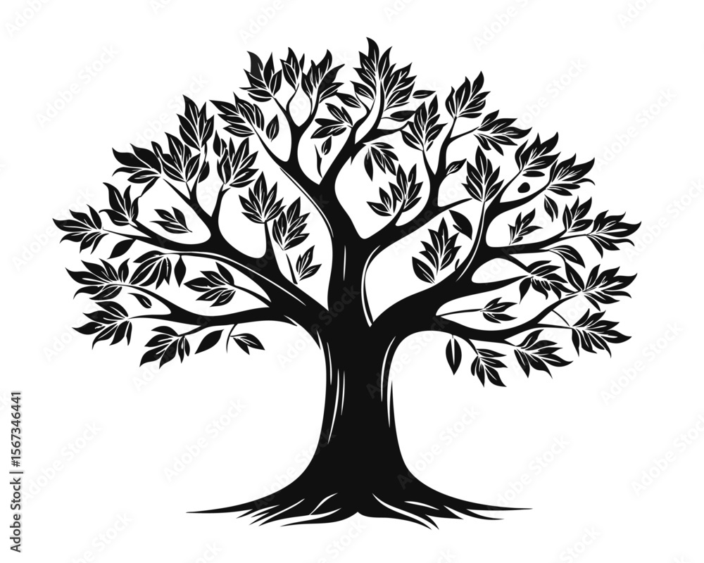 Poster striking silhouette of a mature oak tree with scattered leaves presented in a bold graphic style wit