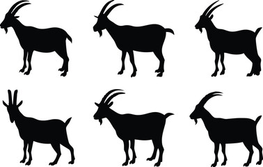 Goat silhouette vector set, black goat silhouette icon bundle 