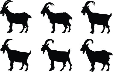 Goat silhouette vector set, black goat silhouette icon bundle 
