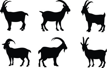 Goat silhouette vector set, black goat silhouette icon bundle 