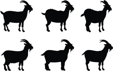 Goat silhouette vector set, black goat silhouette icon bundle 