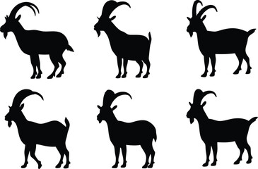 Goat silhouette vector set, black goat silhouette icon bundle 