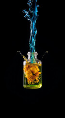 A vibrant photograph of a tall glass filled with a colorful beverage, garnished with a slice of lemon and a sprig of mint, with bright blue liquid splashing above creating a dynamic and energetic