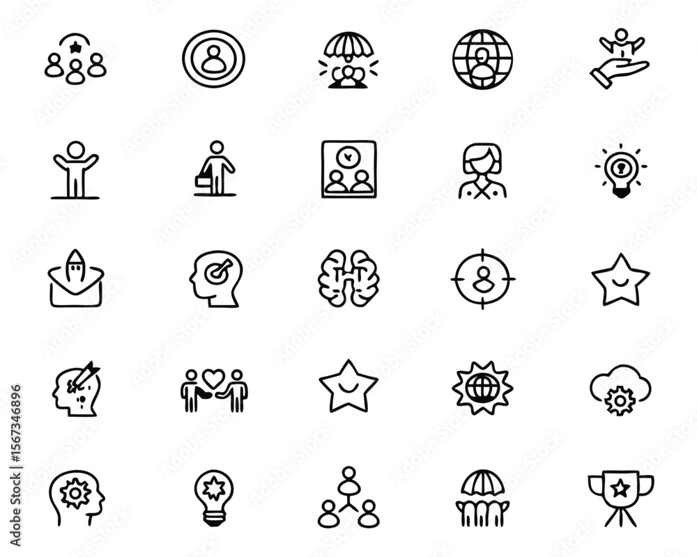 Poster a curated collection of thin line graphical elements representing achievement progress and positive 