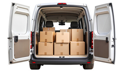  Open-Back Transport Van Loaded with Packages for Shipping, Isolated on Transparent Background PNG