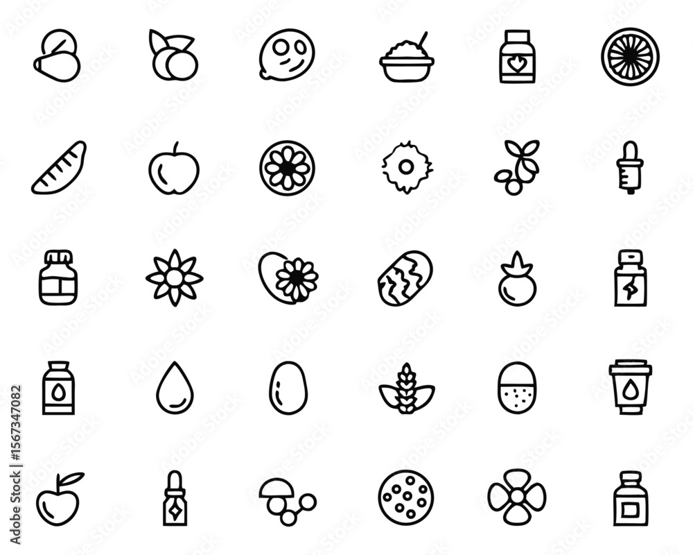 Poster comprehensive collection of clean outline graphics representing various aspects of health and wellne