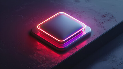 Futuristic neon square platform illuminated with vibrant red and purple light