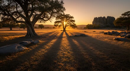 Naklejka premium Sunlight shines through trees casting long shadows across a field at sunset.
