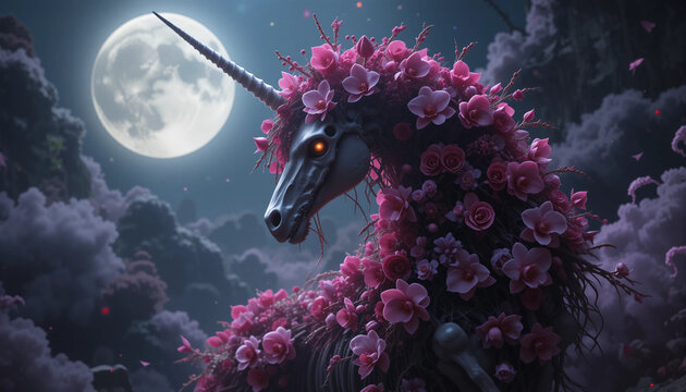 purple orchids overflowing within a unicorn skeleton , double exposed with a luminous full moon.