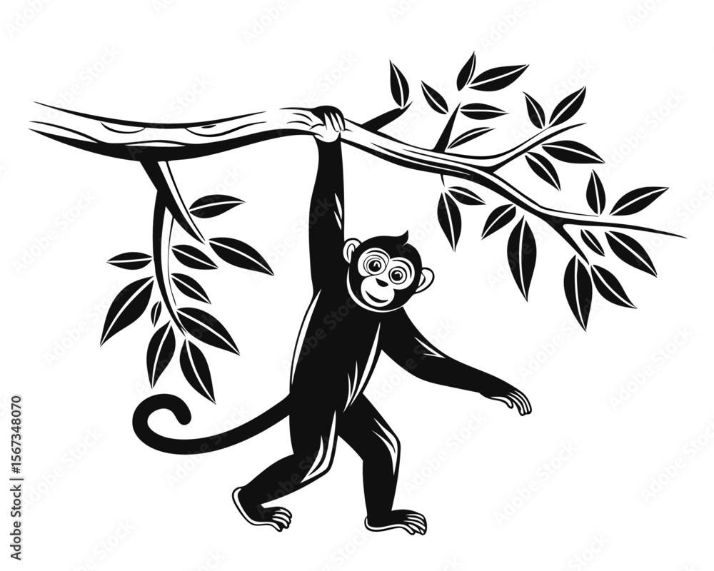 Poster dynamic silhouette of a playful primate swinging and walking depicting agile movement and wild natur