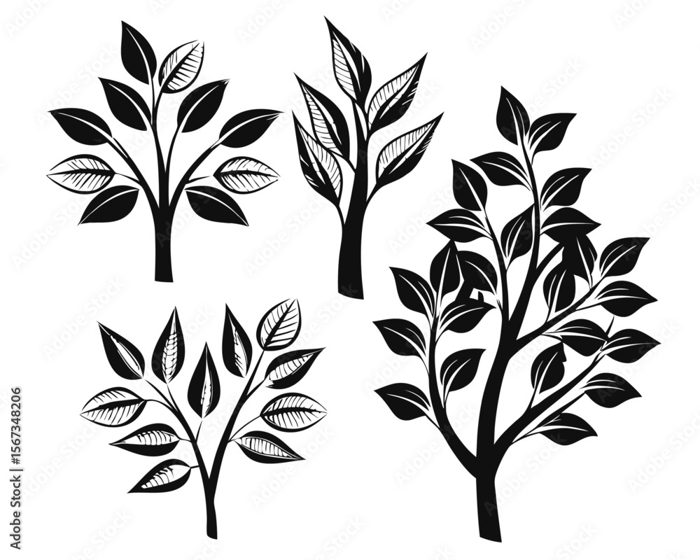 Poster collection of stylized arboreal outlines in stark contrast featuring distinct branching structures p