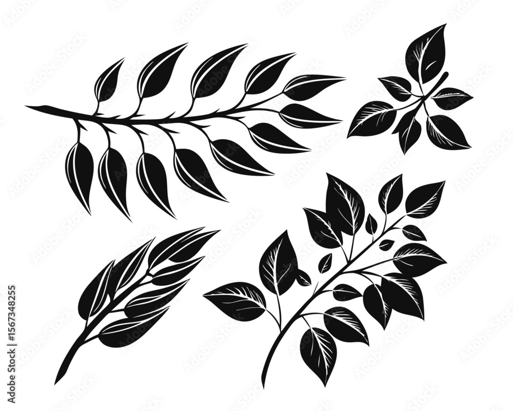 Poster collection of stylized tree branch silhouettes presented in a clean isolated graphic format featurin