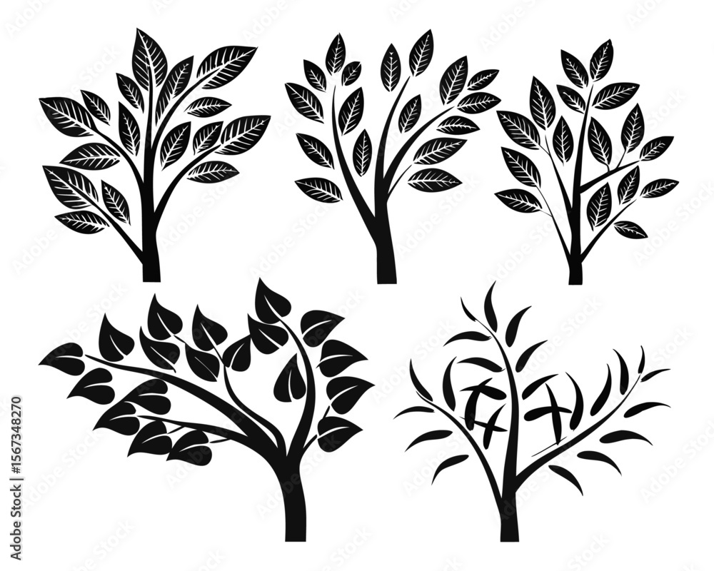 Poster collection of stylized arboreal forms and branching structures presented in a monochromatic palette 