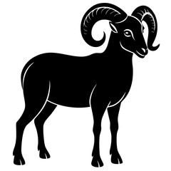 A black silhouette of a ram with large horns stands isolated on white background