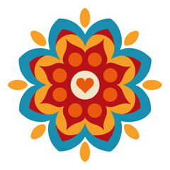 Folk Art Mandala with Retro Reds, Blues, and a Heart Core