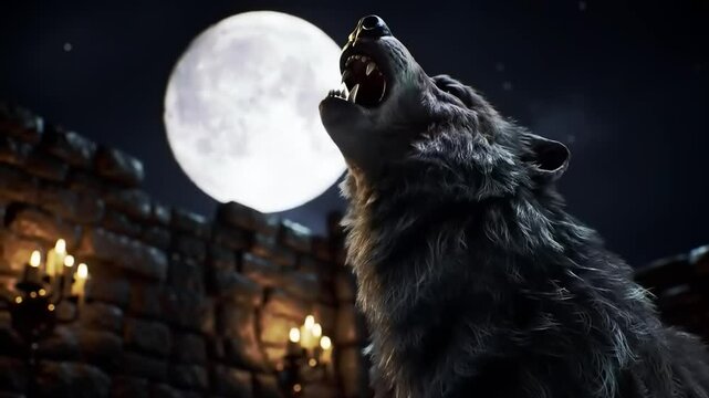 A fierce wolf howls at a full moon in a dark, medieval castle setting with flickering candles