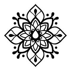 Square Lotus Mandala in Black Line Art with Paisley and Floral Layers