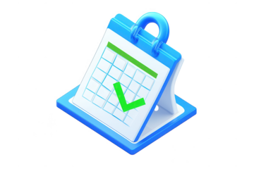 A blue and white 3d rendered calendar with a green check mark on black background