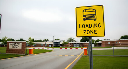 Elementary School Closed with School Bus Loading Zone During Pandemic Times
